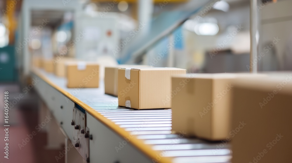Poster automated conveyor line transporting cardboard boxes in warehouse setting, showcasing efficiency and