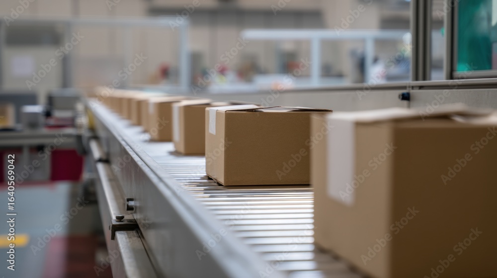 Aufkleber automated conveyor line transporting cardboard boxes in warehouse setting, showcasing efficiency and