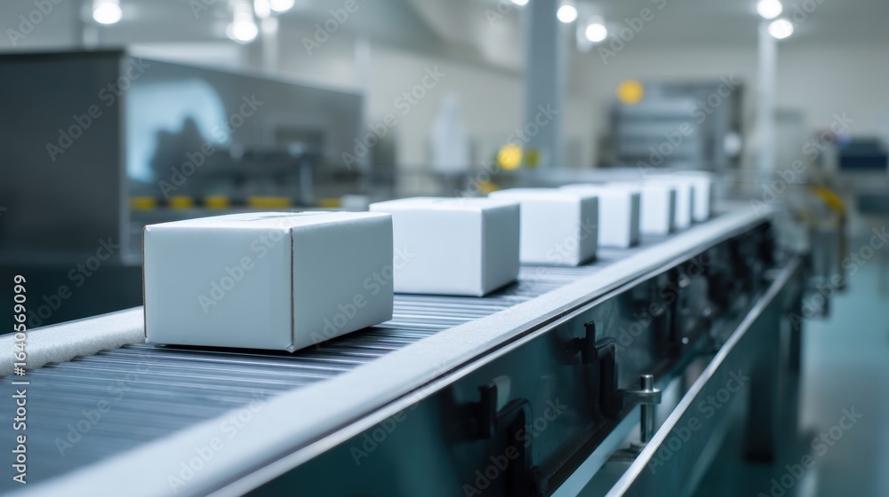 Poster automated conveyor system transporting labeled boxes in modern facility, showcasing efficiency and o