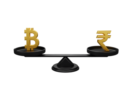 3D Illustration of Golden Bitcoin and Rupee Symbols Balancing on Scale - Powered by Adobe