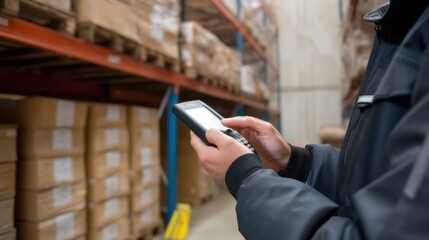 Efficient warehouse management involves using handheld scanning device for inventory tracking. worker is focused on task, ensuring accurate stock control and organization