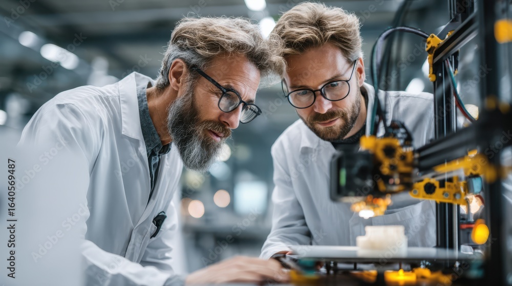 Poster two men in lab coats observe a 3d printer in a modern workshop, showcasing teamwork and technology i