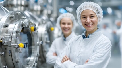 Two women in lab coats and hair nets smile confidently in a modern industrial facility, showcasing teamwork and professionalism in a clean environment.