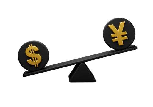 3D Render of Dollar and Yen Currencies on a Black Balance Scale