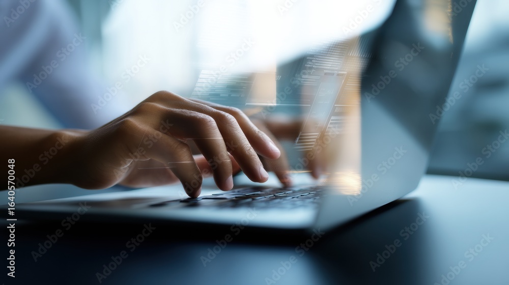 Poster person is using laptop with hands on keyboard, focused on blurred monitoring dashboard interface. sc