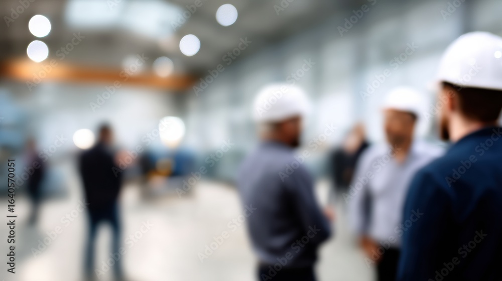 Poster group of workers in hard hats engaged in meeting within factory setting, with blurred background cre