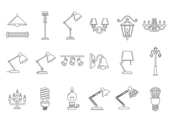 Obraz premium Collection of outlined lamp illustrations, including desk, floor, wall, and ceiling lighting fixtures, in a simple line art style.