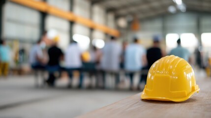 Yellow hard hat rests on wooden surface in factory setting, with blurred figures of people attending meeting in background. atmosphere conveys sense of teamwork and safety