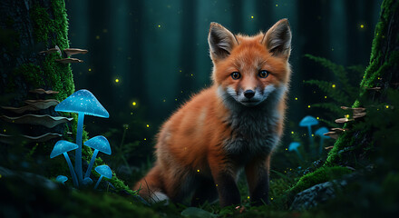 Mystical fox in luminous forest surrounded by glowing fungi and fireflies