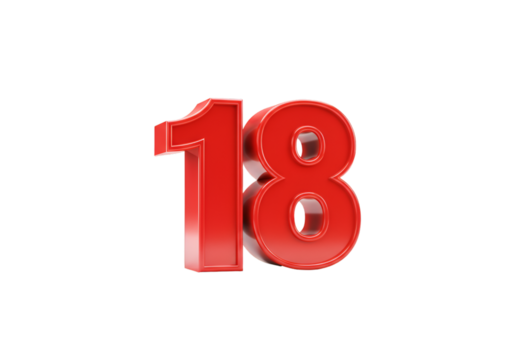 3D Render Of Red Number 18 Isolated On Transparent Black Background - Powered by Adobe
