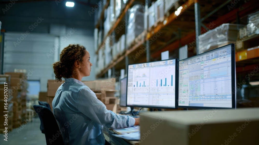 Poster efficient logistics coordinator managing shipments warehouse, utilizing dual monitors to track data 