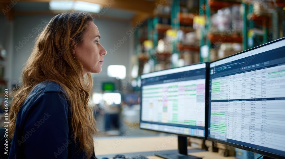 Poster efficient logistics coordinator analyzing shipment data on dual monitors in busy warehouse environme