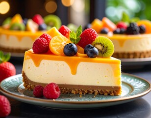 Creamy cheesecake slice, topped with mango glaze and assorted berries