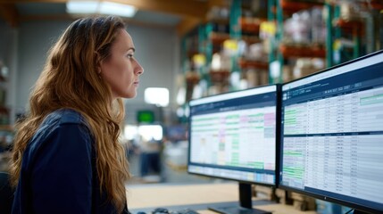 Efficient logistics coordinator analyzing shipment data on dual monitors in busy warehouse environment, showcasing focus and dedication to tracking shipments