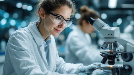 A female scientist examines samples under a microscope in a modern laboratory, showcasing focus and precision in her research work.