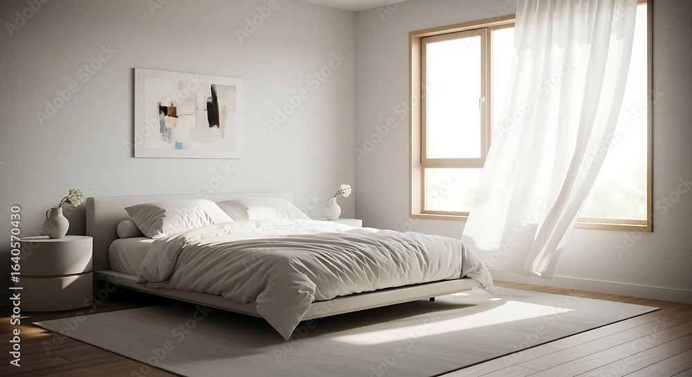 Poster bright bedroom with white bedding and curtains blowing in the wind from the open window frame view