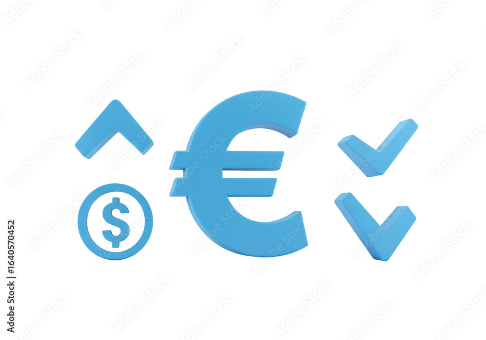 Poster 3d rendered blue currency symbols with checks and arrows on transparent background