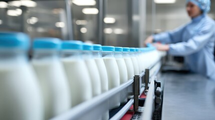 Efficient dairy processing in modern facility showcases bottles of fresh milk on conveyor belt, with operator ensuring quality control. atmosphere is focused and professional