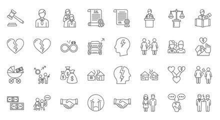 A collection of line art icons depicting legal and relationship concepts, including law, divorce, family, and emotional states.