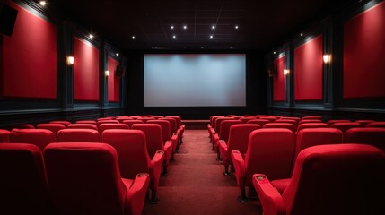 Empty Movie Theater with Red Seats and Screen Ready for Show, Film, Performance