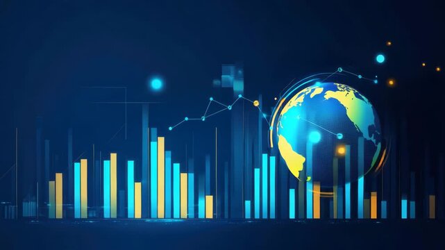 Digital globe data visualization bar chart network connection technology background global data futuristic design blue and yellow abstract graph analytics global network financial graph futuristic - Powered by Adobe