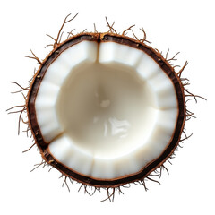 A realistic top view of a freshly cut coconut isolated on transparent background