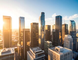 Obraz premium Golden hour sunlight bathes a cityscape of skyscrapers