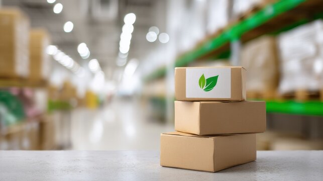 Sustainable supply chain concept featuring stacked cartons in warehouse setting. focus is on eco friendly packaging, symbolizing environmental responsibility and innovation