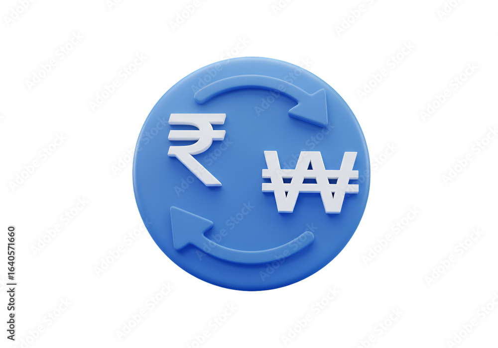 Poster 3d rendering of currency exchange icon with rupee and won symbol on blue background