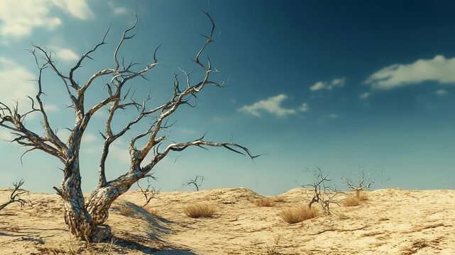 Dry trees and tumbleweeds dominating deserted landscape under blue sky