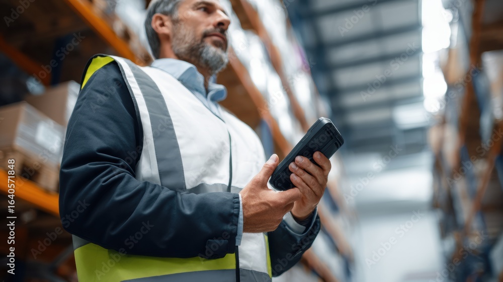 Poster efficient warehouse manager checking inventory with handheld device in large storage facility. atmos
