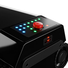 Abstract 3D Illustration of a Red Button and Control Panel with Leds and USB Ports