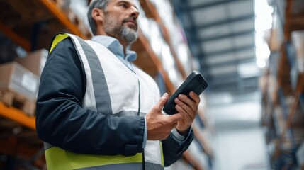 Efficient warehouse manager checking inventory with handheld device in large storage facility. atmosphere is focused and organized, showcasing modern inventory management practices