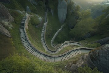 Ascend captivating winding stone staircase through lush green mountain landscape reaching serene heights bathed in atmospheric light