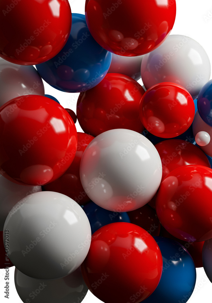 Poster abstract 3d render of red white and blue glossy spheres floating on black background
