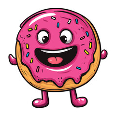 Fototapeta premium A cartoon illustration of a smiling, pink-iced donut with sprinkles. This fun mascot image is ideal for websites or blogs about food, sweets, or baking.
