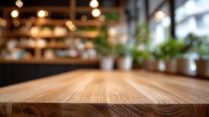 Empty Wooden Table in a Cozy Cafe with Blurred Background, Ideal for Product Mockups and Display