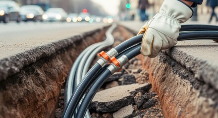 Fiber Optic Cable Installation: Technician Laying Cables in a Trench for High-Speed Internet Infrastructure