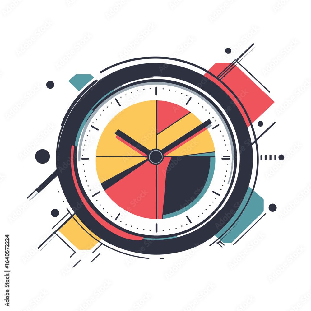 Poster this icon features a clock face with a pie chart design, surrounded by geometric shapes in a flat, a