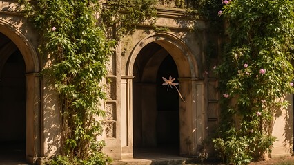 Naklejka premium In the golden hush of afternoon, a dragonfly dances among blooming vines in the temple’s embrace.