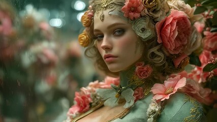 Woman adorned with floral headdress in fantasy portrait. Ethereal beauty concept with roses and leaves. Artistic photography for fairy tale book cover or fashion editorial. - Powered by Adobe