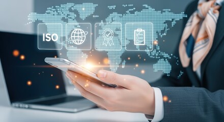 Fototapeta na wymiar Quality Management System with ISO Certification on Mobile Device Over World Map Background