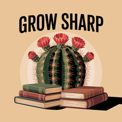 Vintage style cactus growing sharp on stack of old books retro graphic design decorative poster art concept for knowledge and growth vector © Iconhub