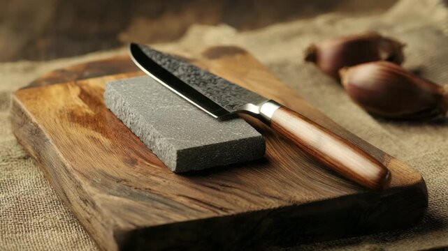 A sharp kitchen knife resting on a sharpening stone on a wooden cutting board