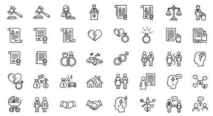 A collection of outline icons representing legal, relationship, and family matters, including divorce, marriage, contracts, and legal proceedings.