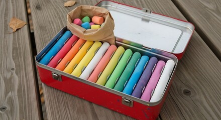 Naklejka premium A vibrant collection of sidewalk chalk in a metal case, inspiring childhood creativity and outdoor fun.