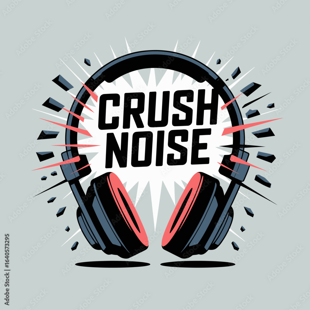 Poster modern headphones with dynamic sound waves and 'crush noise' text graphic representing audio enterta