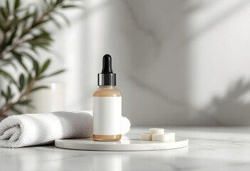 Dropper Bottle with Towel – Minimalist Bathroom Mockup Scene
