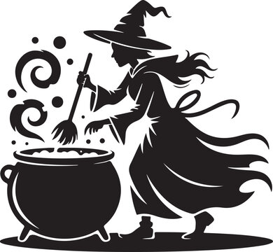 black witch stirring cauldron halloween scene clip art preview