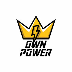 Obraz premium Golden crown with lightning bolt and bold text 'own power' symbolizing authority strength and electricity energetic leadership emblem vector